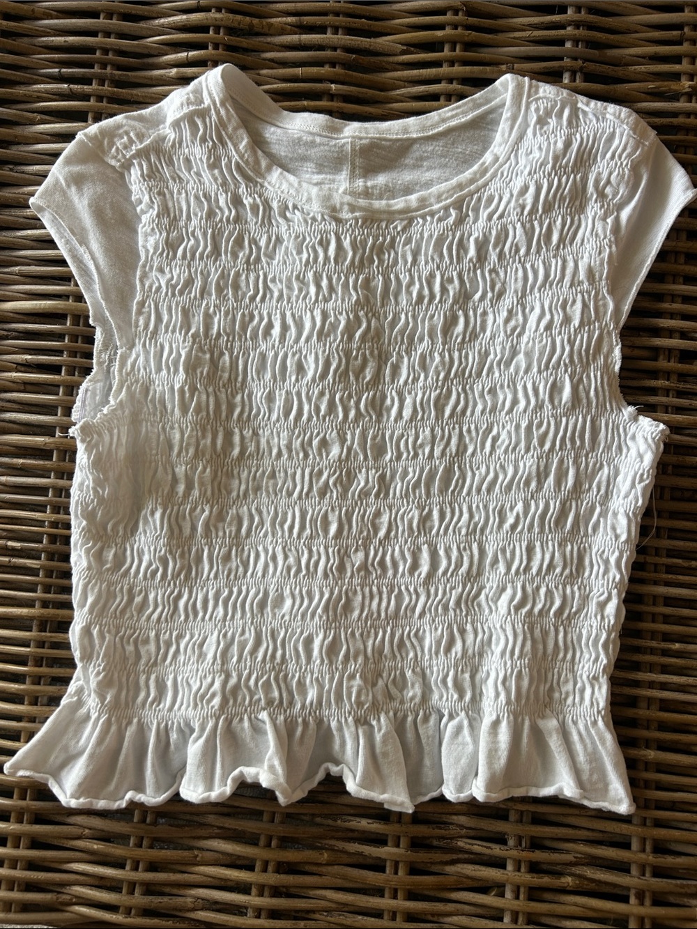Women’s White Smocked Cap Sleeve Top with Ruffle Hem